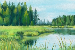 春天踏青树林水草茂盛的小河边手绘风景画