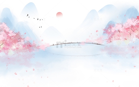 中国风水墨山水春天花开唯美意境背景