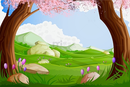 春天春分樱花草地森林树木绿叶春天场景