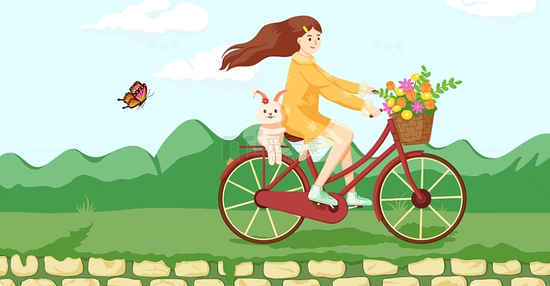 绿色女孩骑自行车春游蝴蝶鲜花草地春天场景
