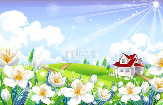 春天春季花朵梦幻天空云朵草坪春天场景