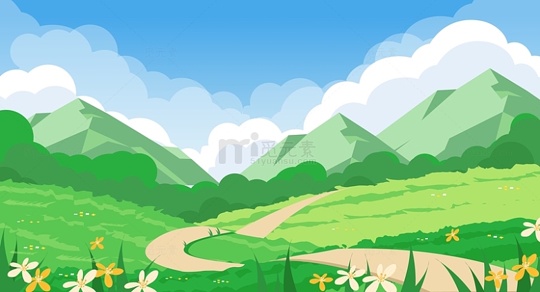 绿色小清新春天户外野营绿植风景背景插画