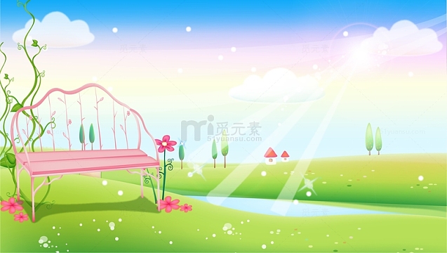 春天春季花草草地梦幻云朵浪漫藤蔓椅子