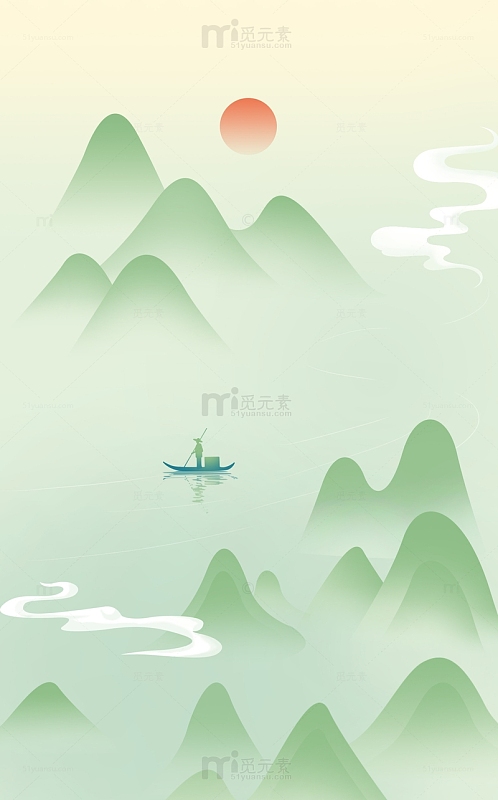 国潮青绿山水手绘图