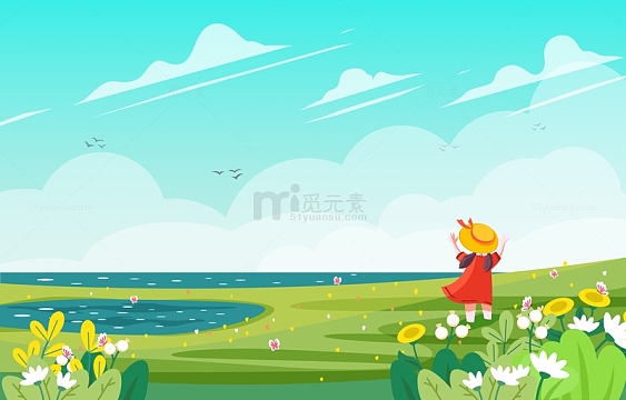 春天春分踏春花草花朵草坪小女孩鲜花草地