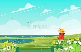 春天春分踏春花草花朵草坪小女孩鲜花草地