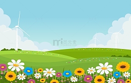 春天春季草地花朵花丛蓝天风车春天场景