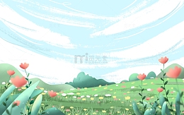 手绘春天花朵白云草坪春风草地小清新背景