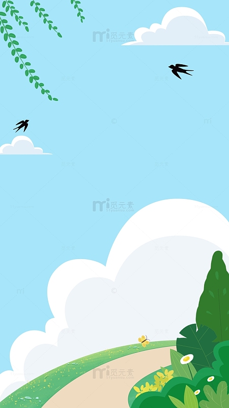 绿色春天花草立春春分手绘卡通草地风景背景