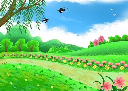 春分小清新春天场景花草柳树燕子