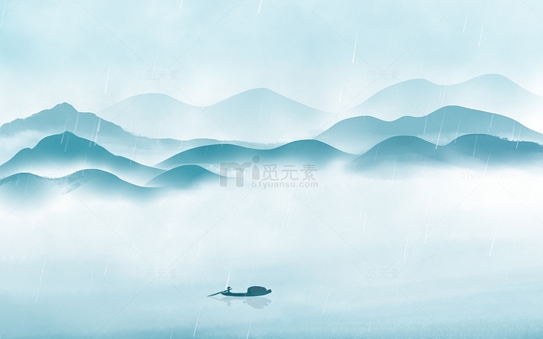 手绘中国风山水烟雨青山清明节下雨背景