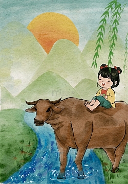 清明节牧童骑黄牛背景