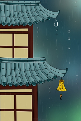 墨蓝色古风庄严雨中楼阁雨水手绘背景