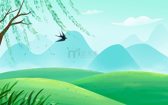 手绘卡通清明节春天柳树柳条插画背景