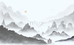 手绘水墨山水山峦起伏云海日出日落