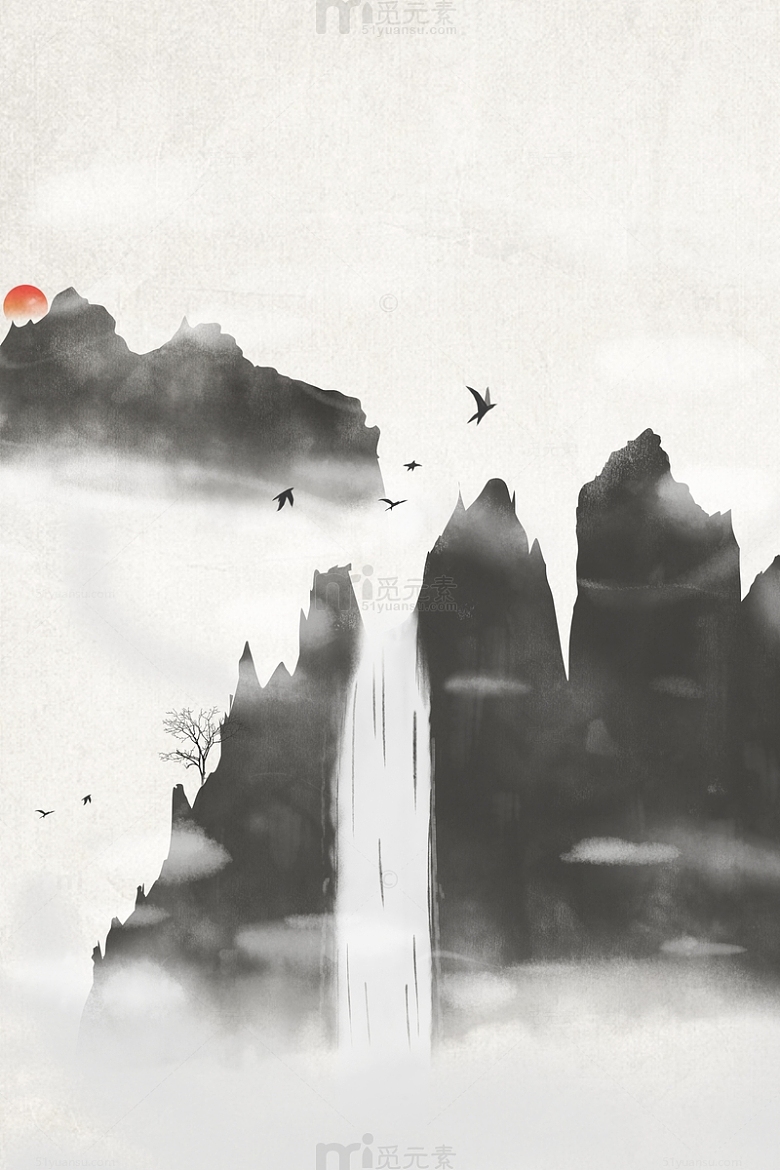 中国风水墨画高山流水背景