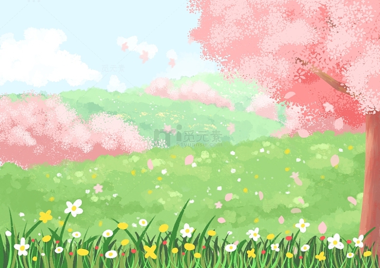 春天手绘樱花草地场景