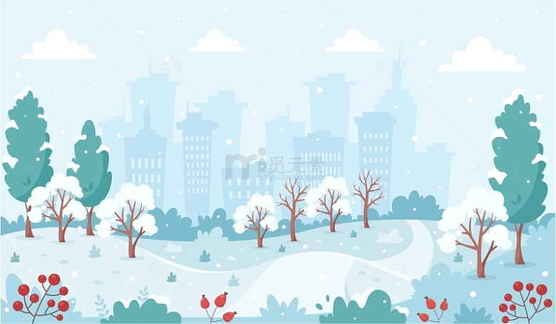 冬天雪地冬季雪花下雪场景树木积雪城市剪影