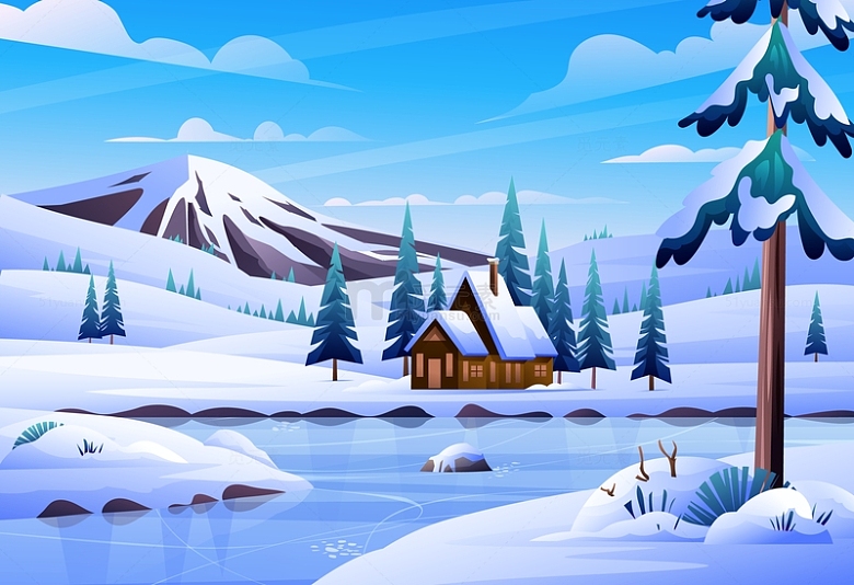 冬天冬季雪地雪景积雪松树雪山河流房屋