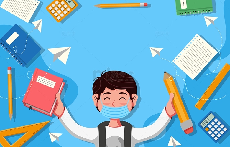 开学季上学文具铅笔书本标尺计算机卡通学生