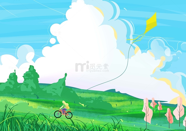 春天野外场景骑自行车放风筝