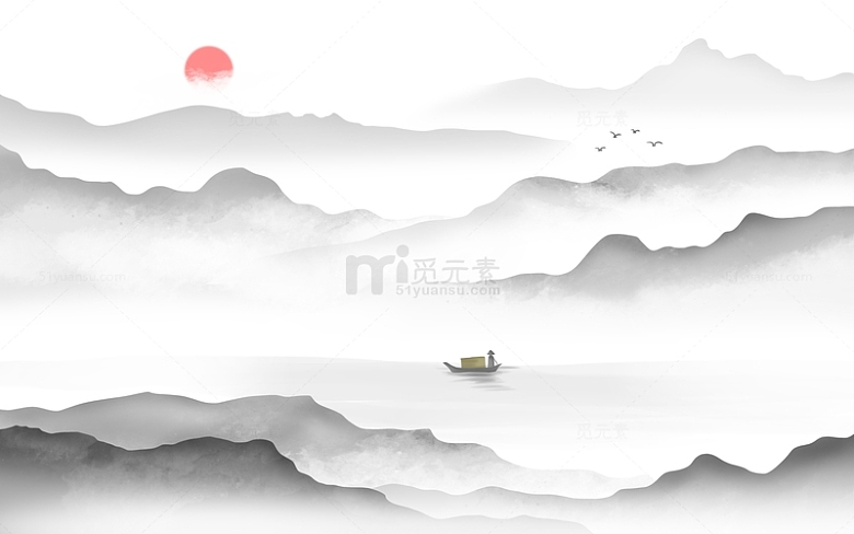 中国风水墨画山水背景群山云雾缭绕小舟