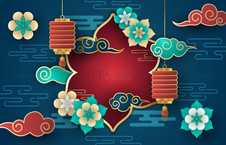 复古中式中国风剪纸花朵灯笼喜庆春节节日