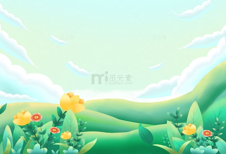 春季踏春花草手绘插画背景