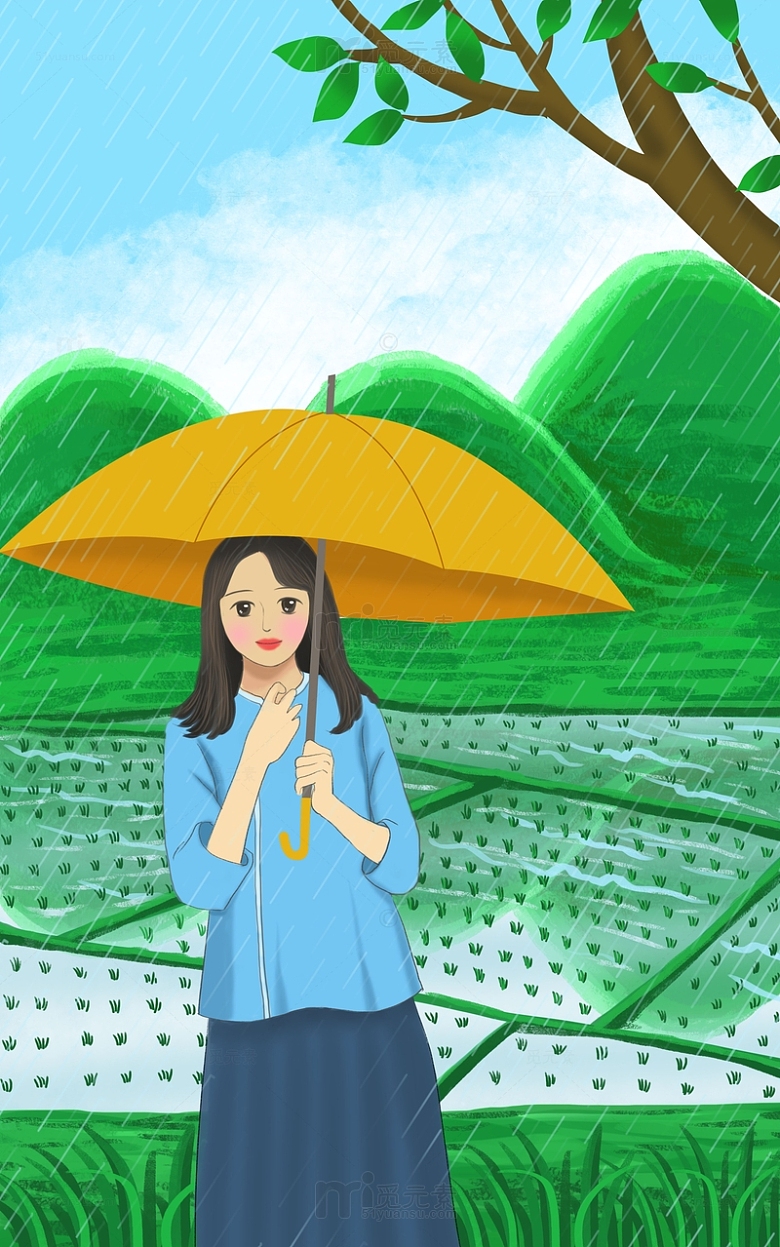 绿色小清新谷雨农田下雨打伞少女
