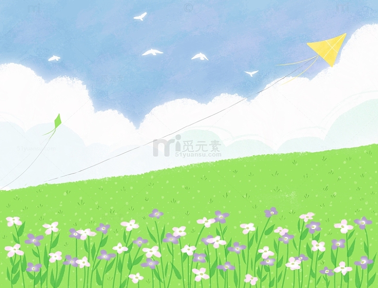手绘绿色春天繁花盛开草地蓝天草原放风筝