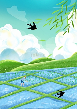 谷雨节气山水稻田地农民插秧播种下雨