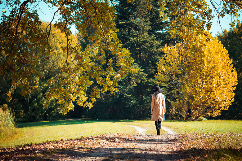 秋天公园散步女人