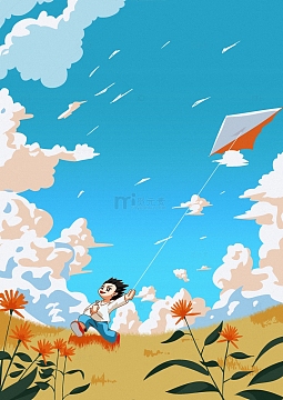 手绘小孩在草地上放风筝插画背景