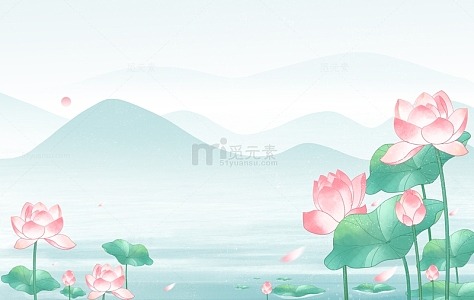 夏天水墨水彩荷花河流插画背景