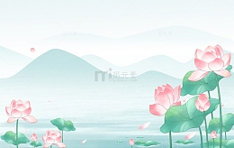 夏天水墨水彩荷花河流插画背景