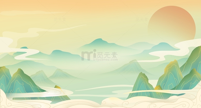 淡雅中国风山水风景手绘插画背景