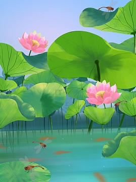 立夏荷花池小鱼蜻蜓图