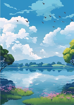 扁平化矢量图形花草树木山水湖泊插画绘画