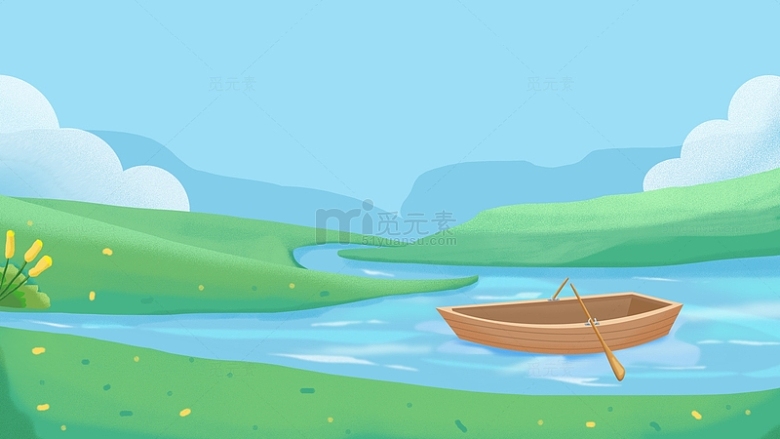 小清新插画夏天出游划船背景绿色户外草坪