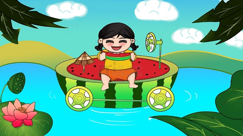 立夏手绘绿植小女孩吃西瓜云朵湖水水波