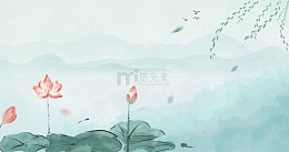 手绘水墨夏天山水风景背景