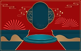 红色国潮国风C4D电商背景场景搭建
