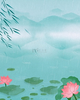 夏天水墨山水绿色荷花荷塘立夏插画海报背景