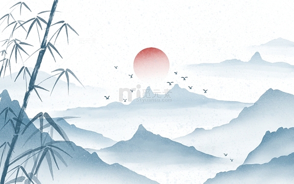 中国风水墨古风山水画竹叶大气海报背景