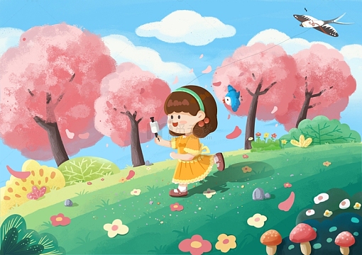 童年纸鸢春天小女孩奔跑放风筝树木植物草地