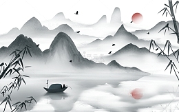 中国风水墨山水画渔船竹叶古风背景