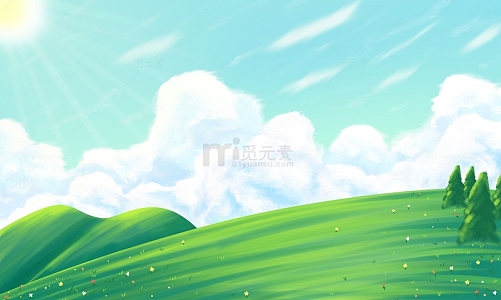 手绘夏日蓝天白云草地插画海报背景