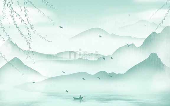 手绘水墨山水画青山绿水春季小清新背景