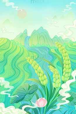小满节气田野山水河流莲叶荷花麦穗麦子插画
