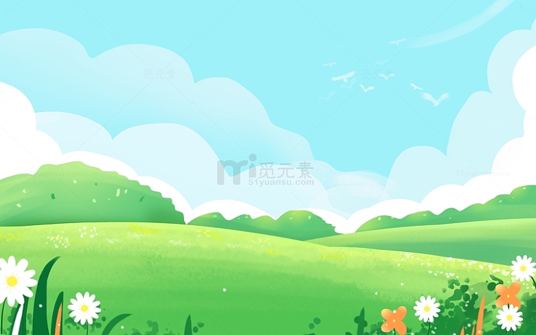 手绘卡通绿色小清新蓝天白天草地背景
